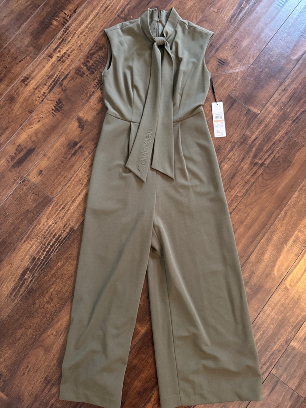 Calvin Klein Olive Green Sleeveless Tie-Neck Wide-Leg Jumpsuit